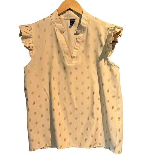Boho sleeveless blouse ruffles V neck Cream Gold Office Work Capsule Wardrobe Sm - Picture 1 of 7